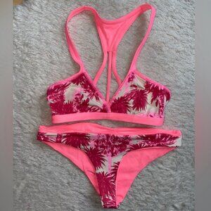 Maaji Swimwear Pink Reversible Palm Bikini Set Hot Neon Bright Print Rare Small